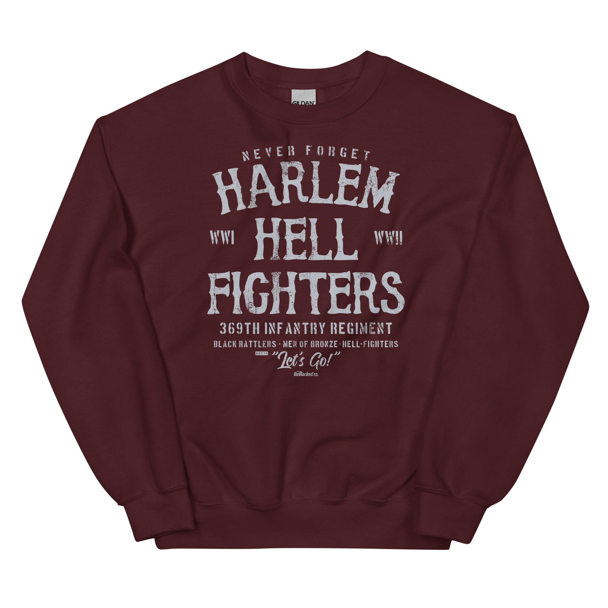 garnet sweatshirt with white text reading harlem hellfighters