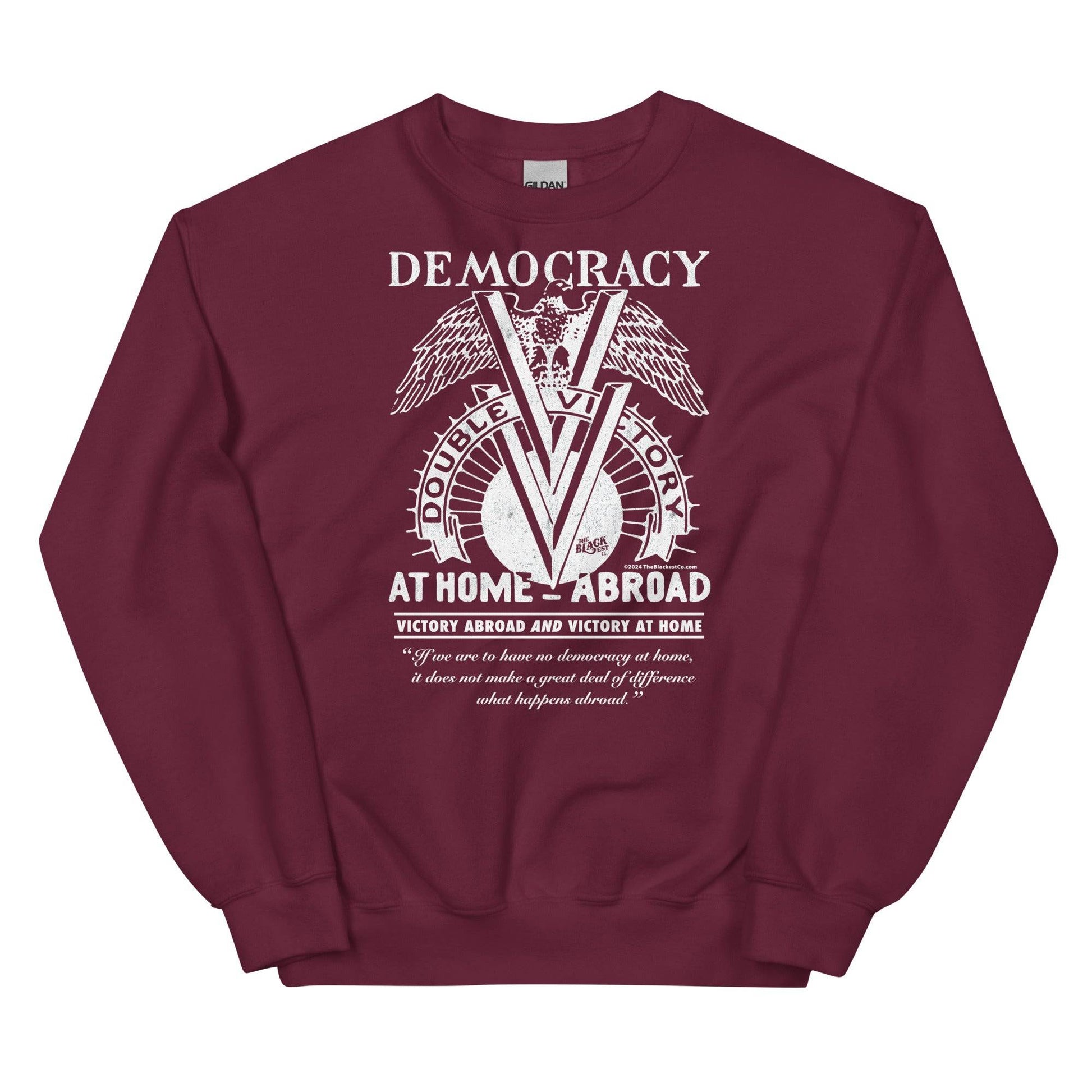 Maroon Double V Campaign WWII Black Soldiers Sweatshirt with vintage-style white print honoring Black soldiers' Double Victory campaign.