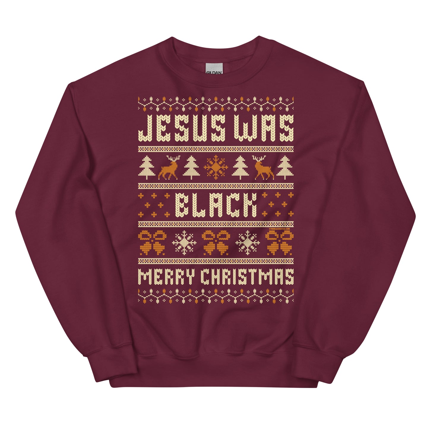 Maroon Jesus Was Black Merry Christmas Unisex Sweatshirt by TheBlackest Co., soft and durable holiday top with bold statement.