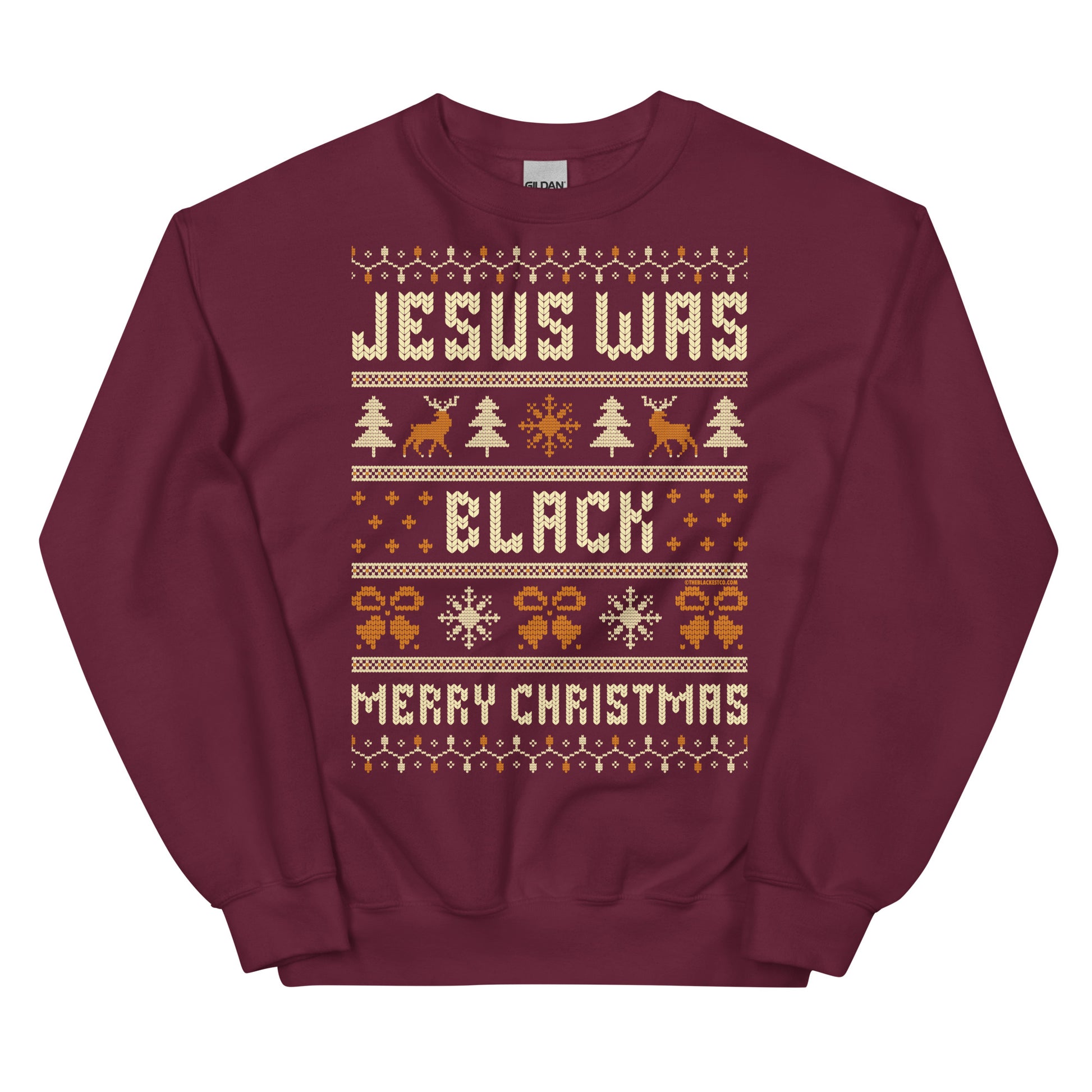 Maroon Jesus Was Black Merry Christmas Unisex Sweatshirt by TheBlackest Co., soft and durable holiday top with bold statement.