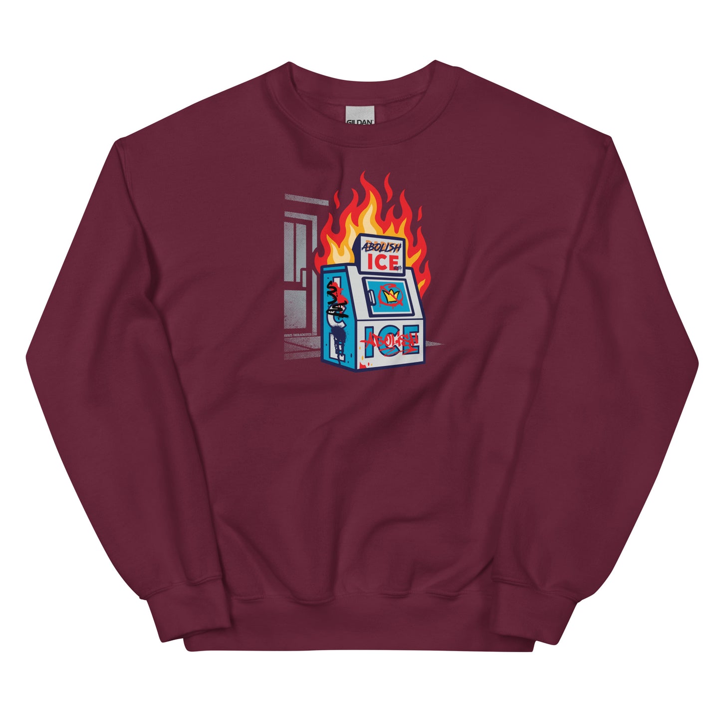 Maroon Abolish Ice Protest Crewneck Sweatshirt with graphic of burning ICE machine. Unisex political pullover for winter and fall fashion.