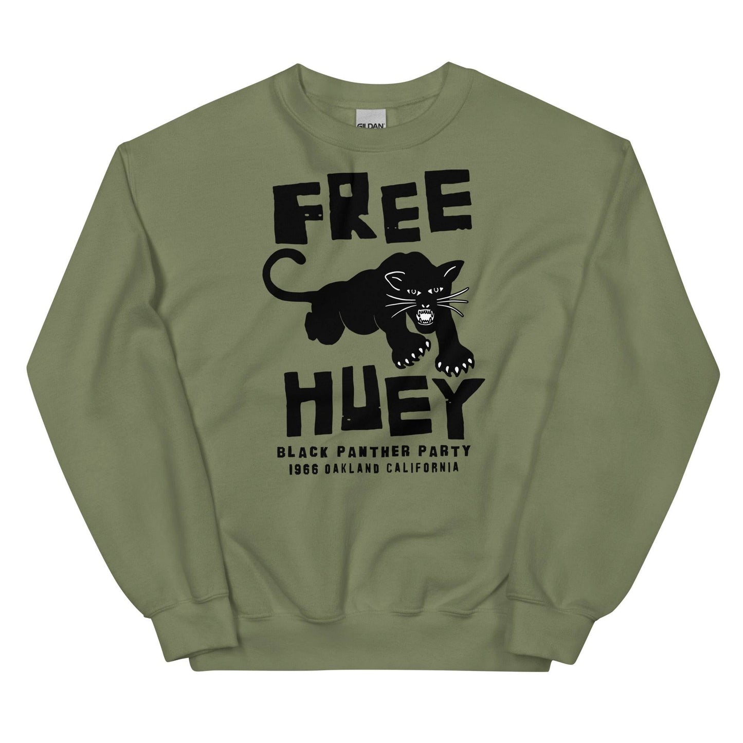a green sweatshirt with a black panther on it and says free huey