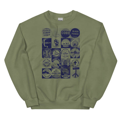 a green sweatshirt with a bunch of civil rights buttons graphics on it