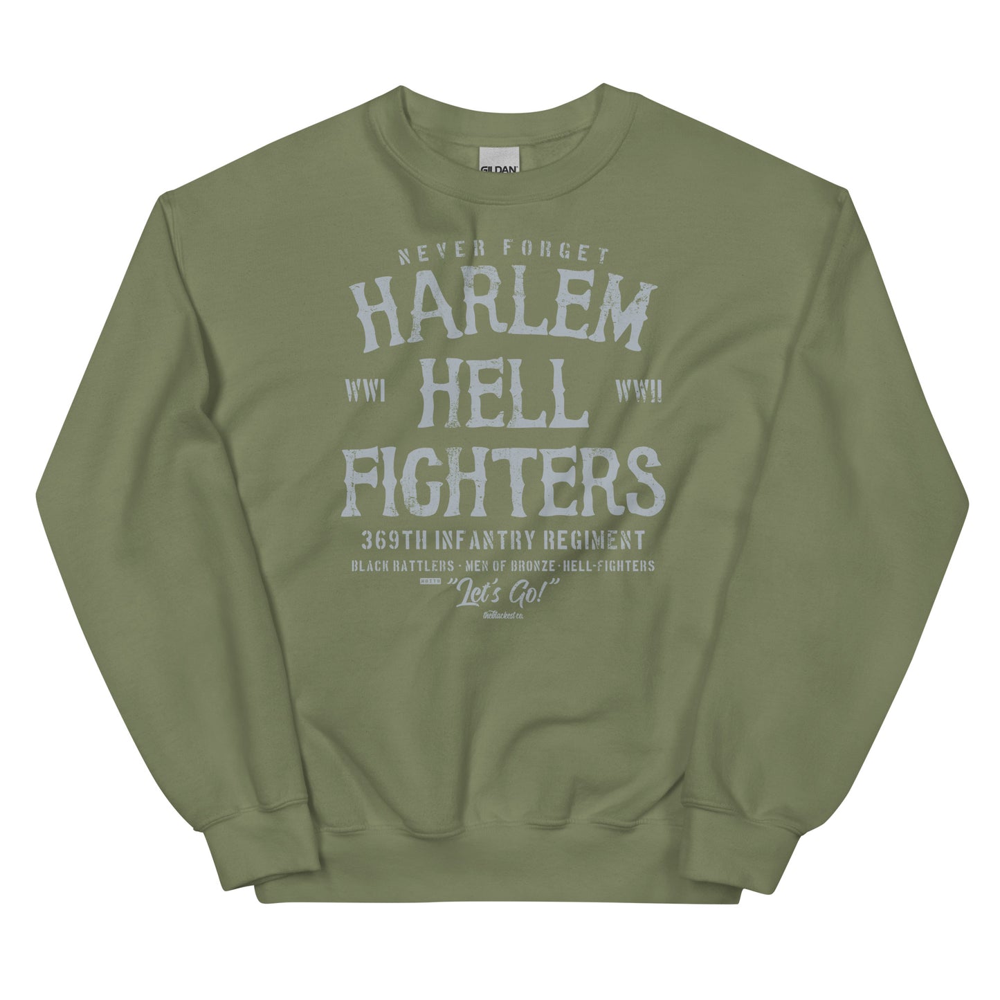 army green sweatshirt with white text reading harlem hellfighters