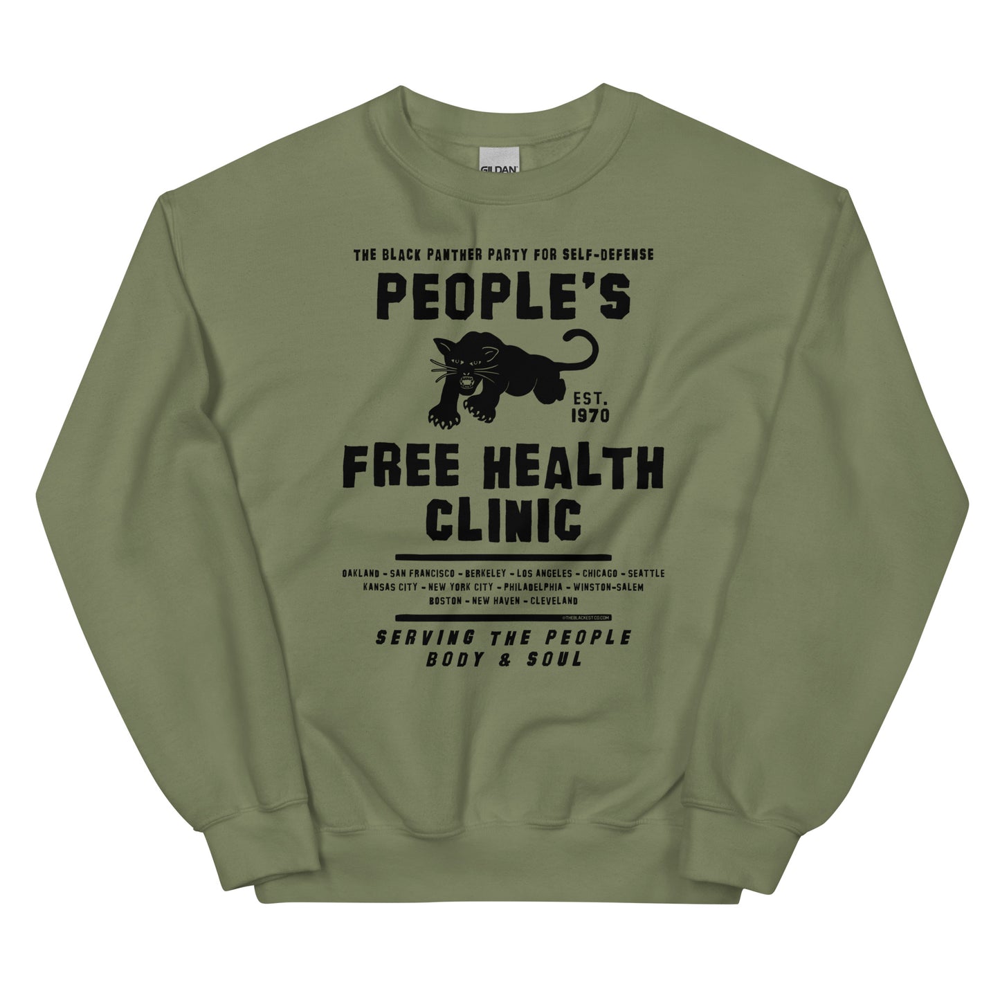 Olive unisex sweatshirt with People's Free Health Clinic design