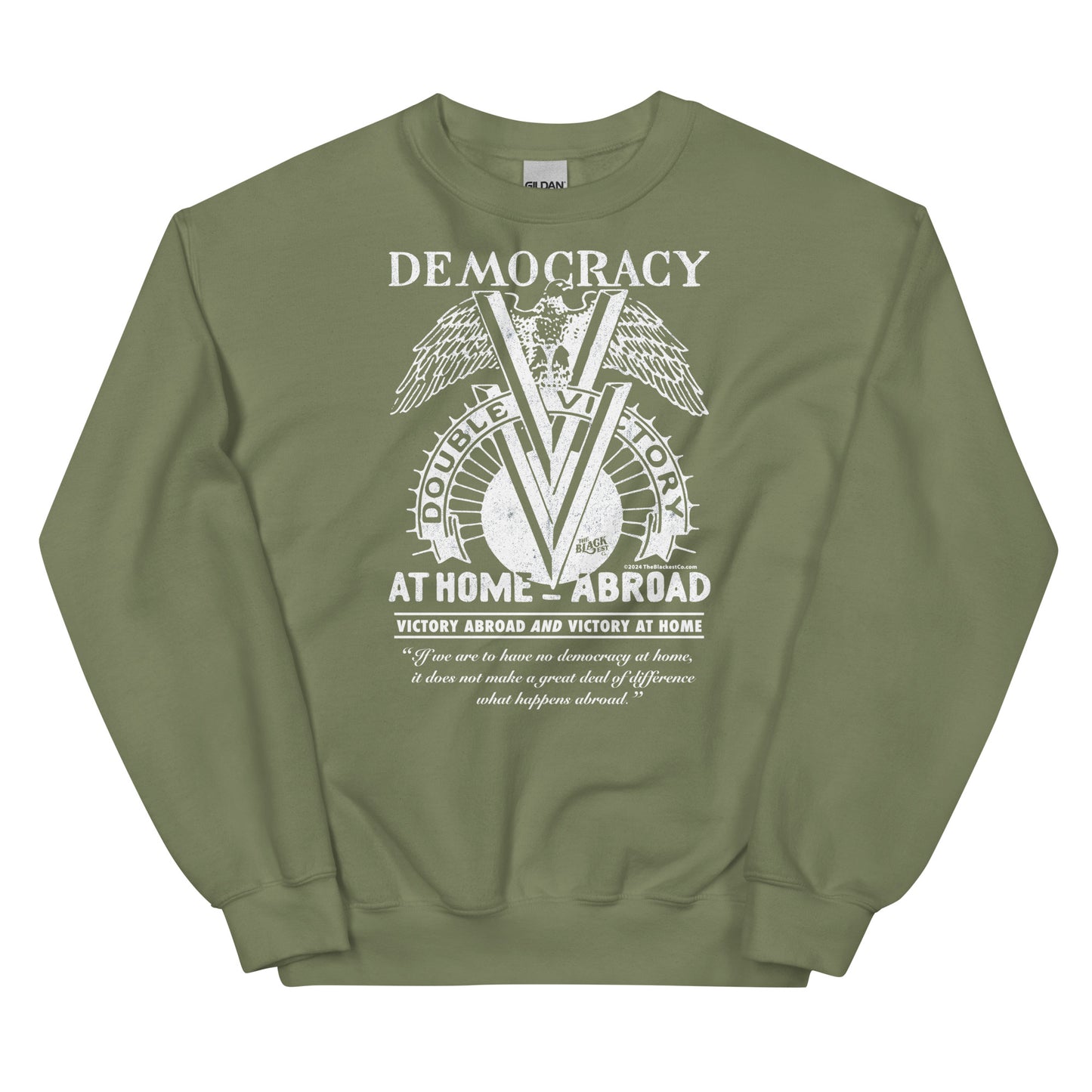Olive green Double V Campaign WWII Black Soldiers Sweatshirt with bold white print honoring Black veterans' fight for democracy at home and abroad.