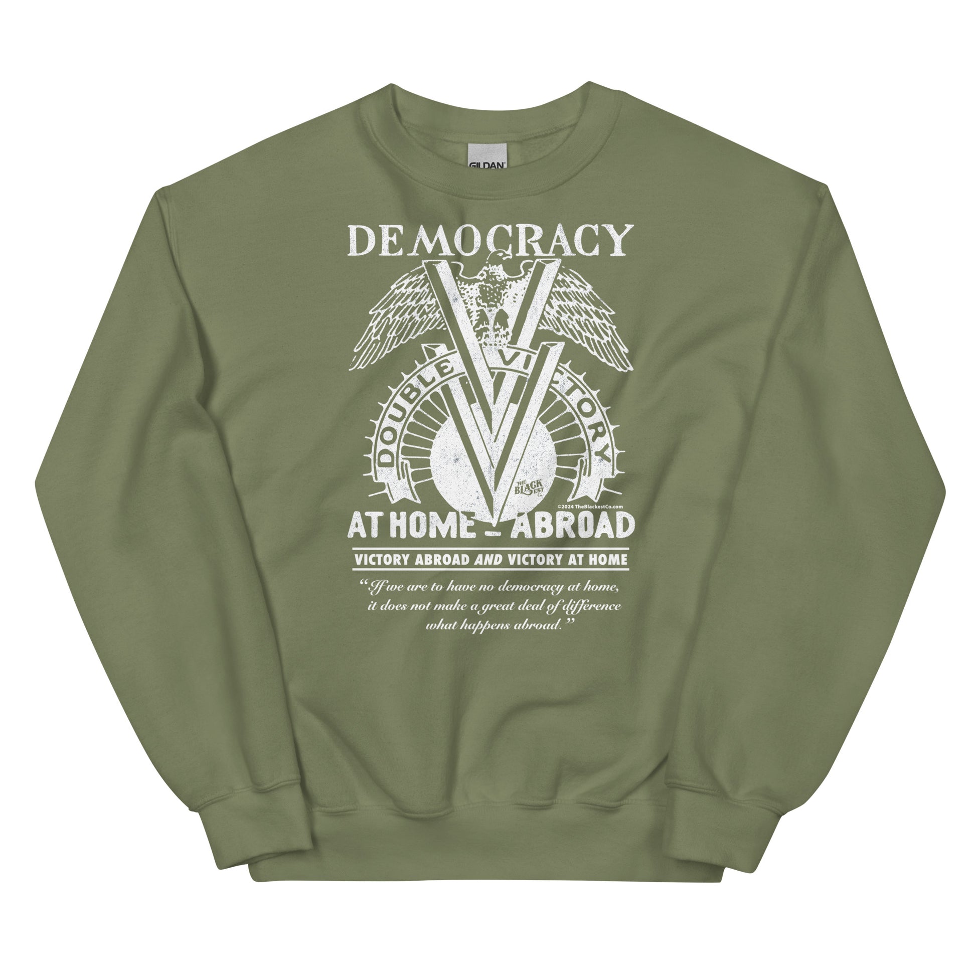 Olive green Double V Campaign WWII Black Soldiers Sweatshirt with bold white print honoring Black veterans' fight for democracy at home and abroad.