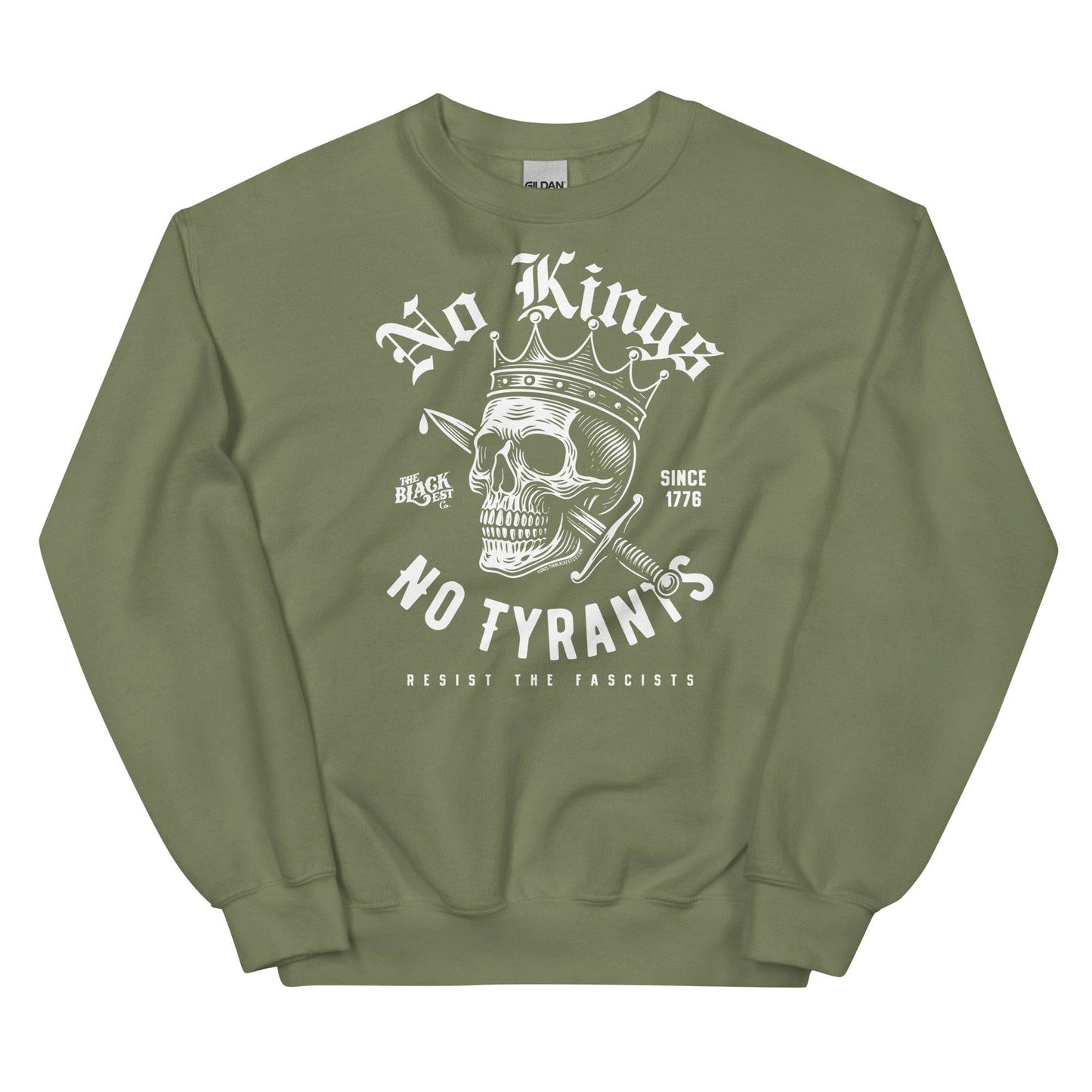 Olive green No Kings No Tyrants Skull Protest Sweatshirt with bold white protest graphic, cultural resistance fashion by TheBlackest Co.