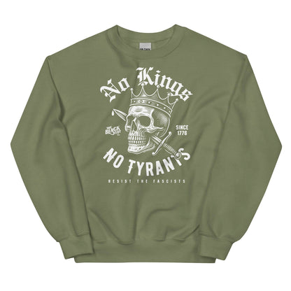 Olive green No Kings No Tyrants Skull Protest Sweatshirt with bold white protest graphic, cultural resistance fashion by TheBlackest Co.