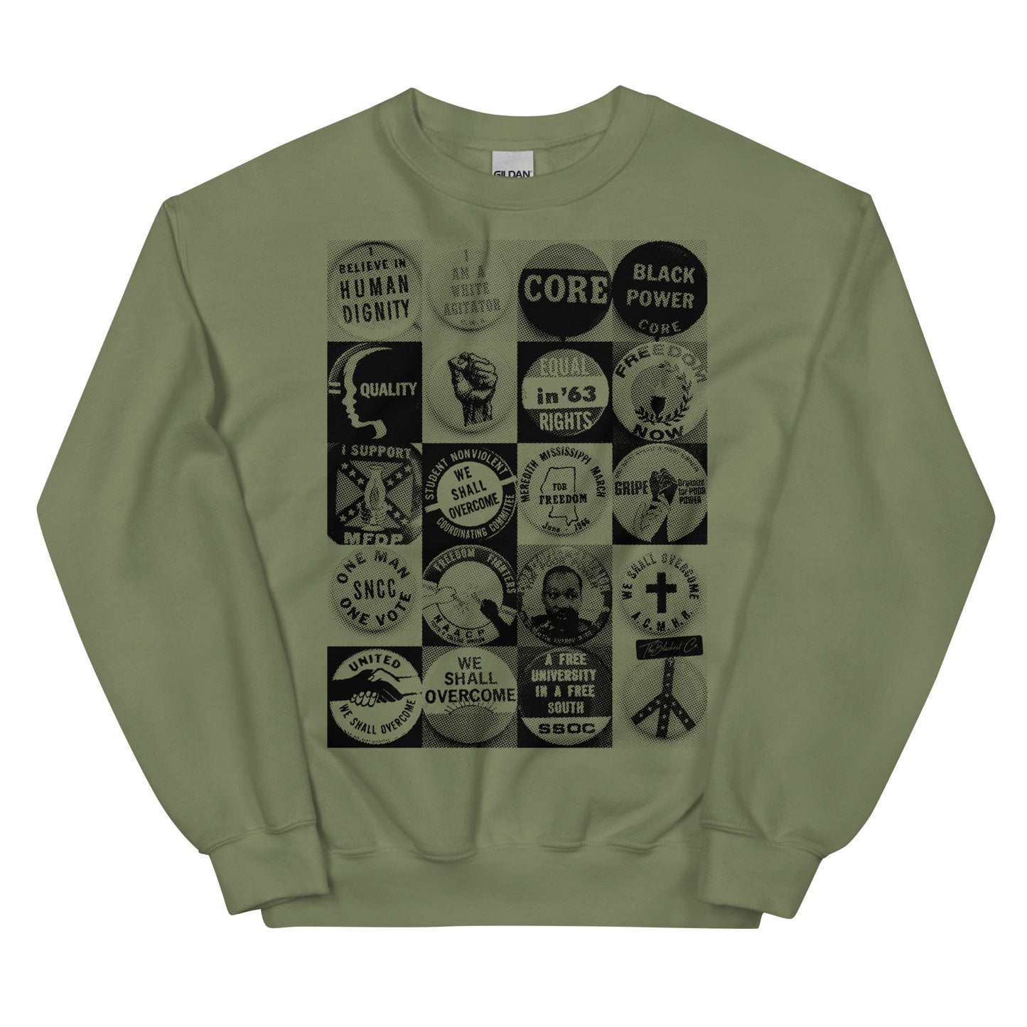 Olive green Civil Rights Button Sweatshirt with retro civil rights button collage. Soft, warm unisex pullover for statement cold weather wear.