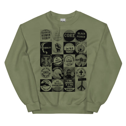 Olive green Civil Rights Button Sweatshirt with retro civil rights button collage. Soft, warm unisex pullover for statement cold weather wear.
