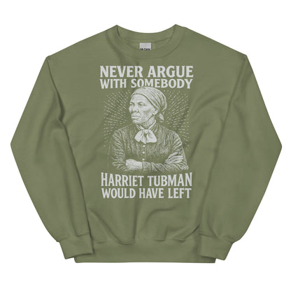 Olive green unisex sweatshirt with subtle white Harriet Tubman print and motivational quote for classic fit and cultural pride.