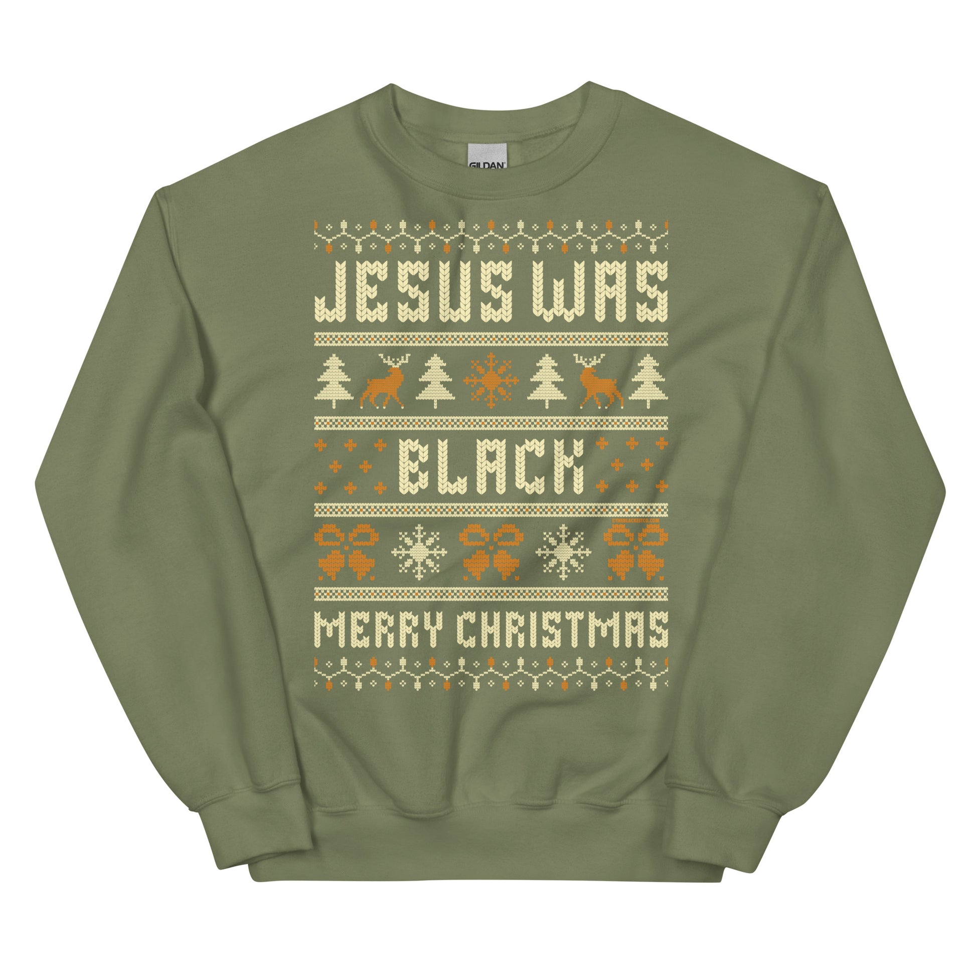 Olive green Jesus Was Black Merry Christmas Unisex Sweatshirt by TheBlackest Co., unique and warm pullover for festive winter style.