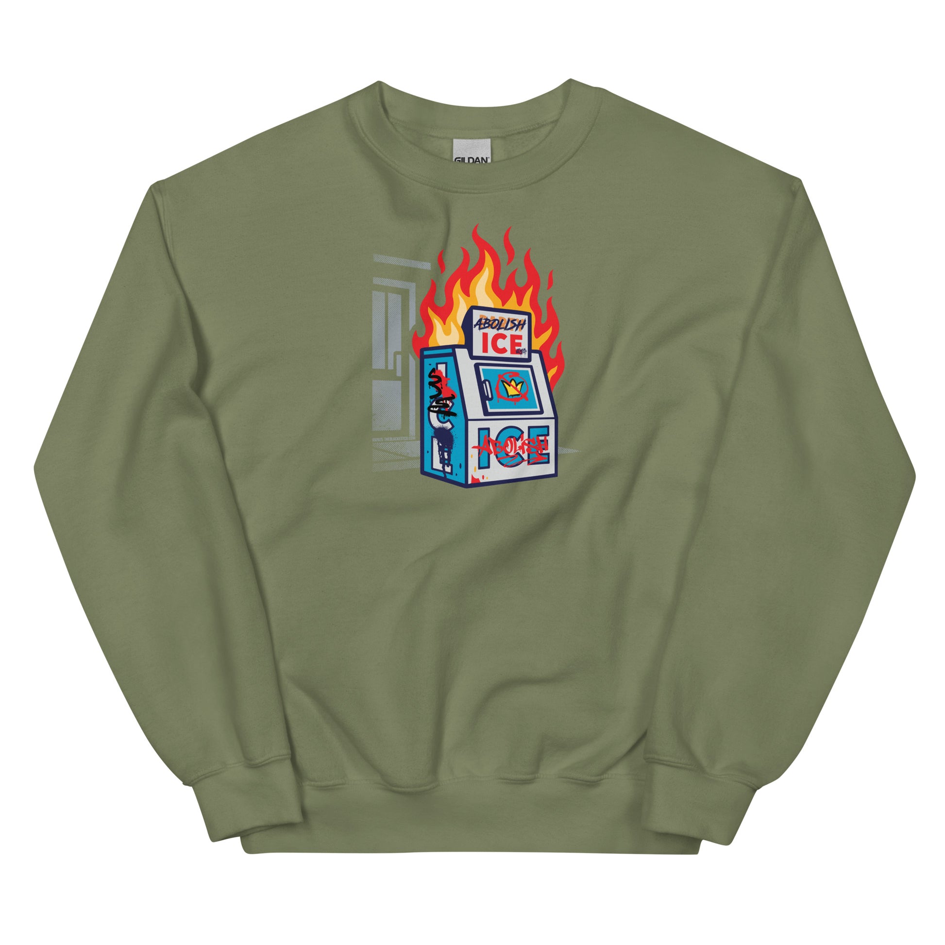 Olive green Abolish Ice Protest Crewneck Sweatshirt with anti-ICE message. Graphic sweatshirt for unisex wear, perfect for colder seasons.
