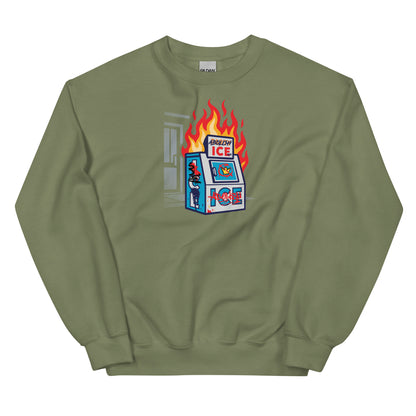 Olive green Abolish Ice Protest Crewneck Sweatshirt with anti-ICE message. Graphic sweatshirt for unisex wear, perfect for colder seasons.