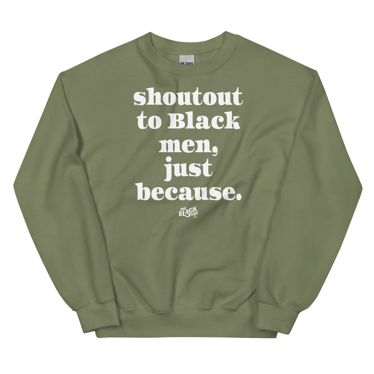 Model wearing black sweatshirt with white text 'Shoutout To Black Men Just Because' for Black pride