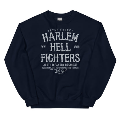 navy sweatshirt with white text reading harlem hellfighters