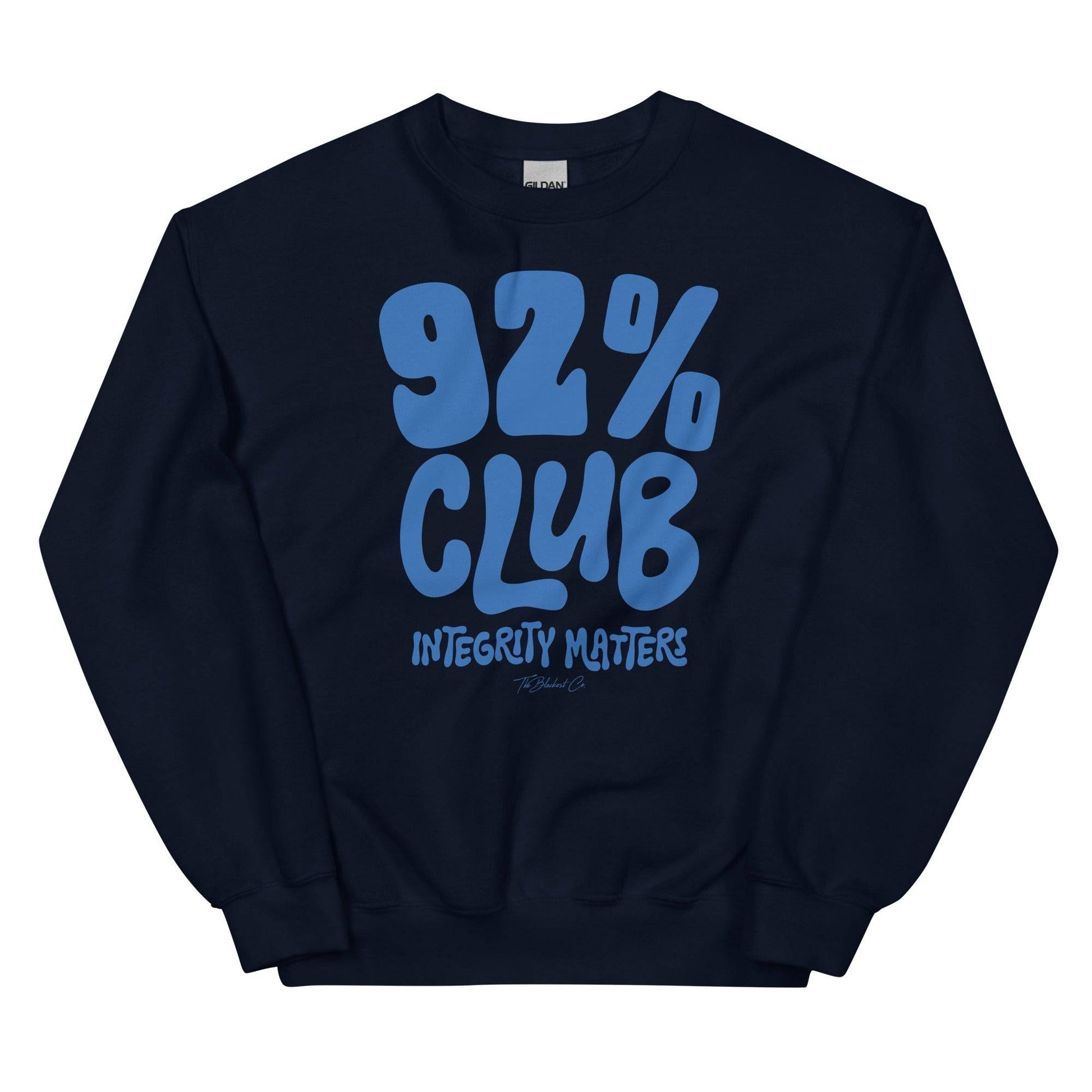 Navy blue 92% Club Integrity Matters Sweatshirt by TheBlackest Co. with bold blue text, ideal for everyday comfort and style.