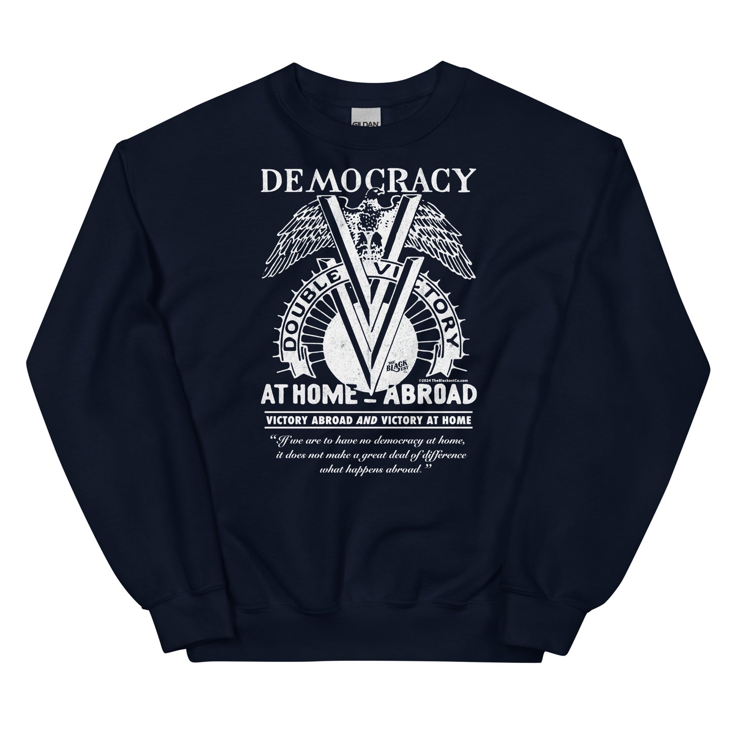Navy blue Double V Campaign WWII Black Soldiers Sweatshirt with white graphic print symbolizing Black veterans' fight for equality and freedom.