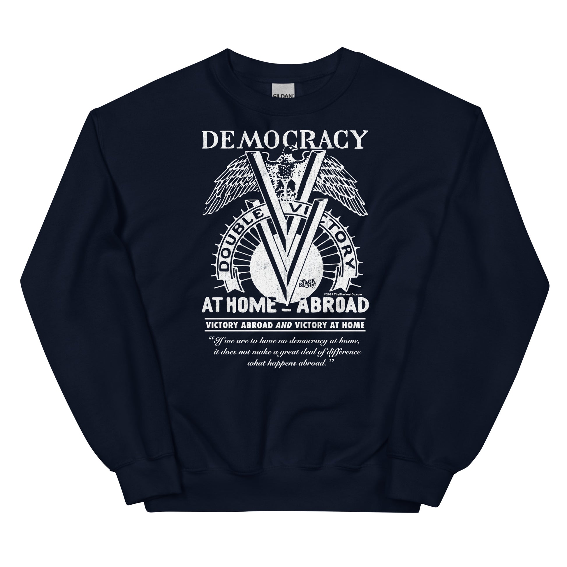 Navy blue Double V Campaign WWII Black Soldiers Sweatshirt with white graphic print symbolizing Black veterans' fight for equality and freedom.