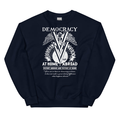 Navy blue Double V Campaign WWII Black Soldiers Sweatshirt with white graphic print symbolizing Black veterans' fight for equality and freedom.