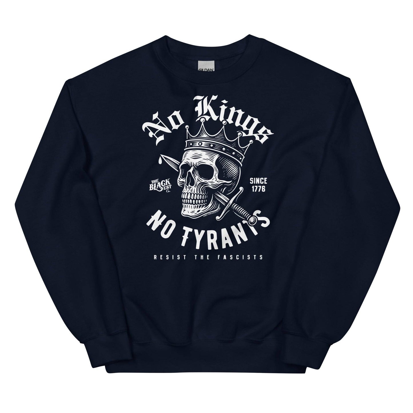Navy blue No Kings No Tyrants Skull Protest Sweatshirt with anti-tyranny skull design, part of TheBlackest Co.'s bold apparel collection.