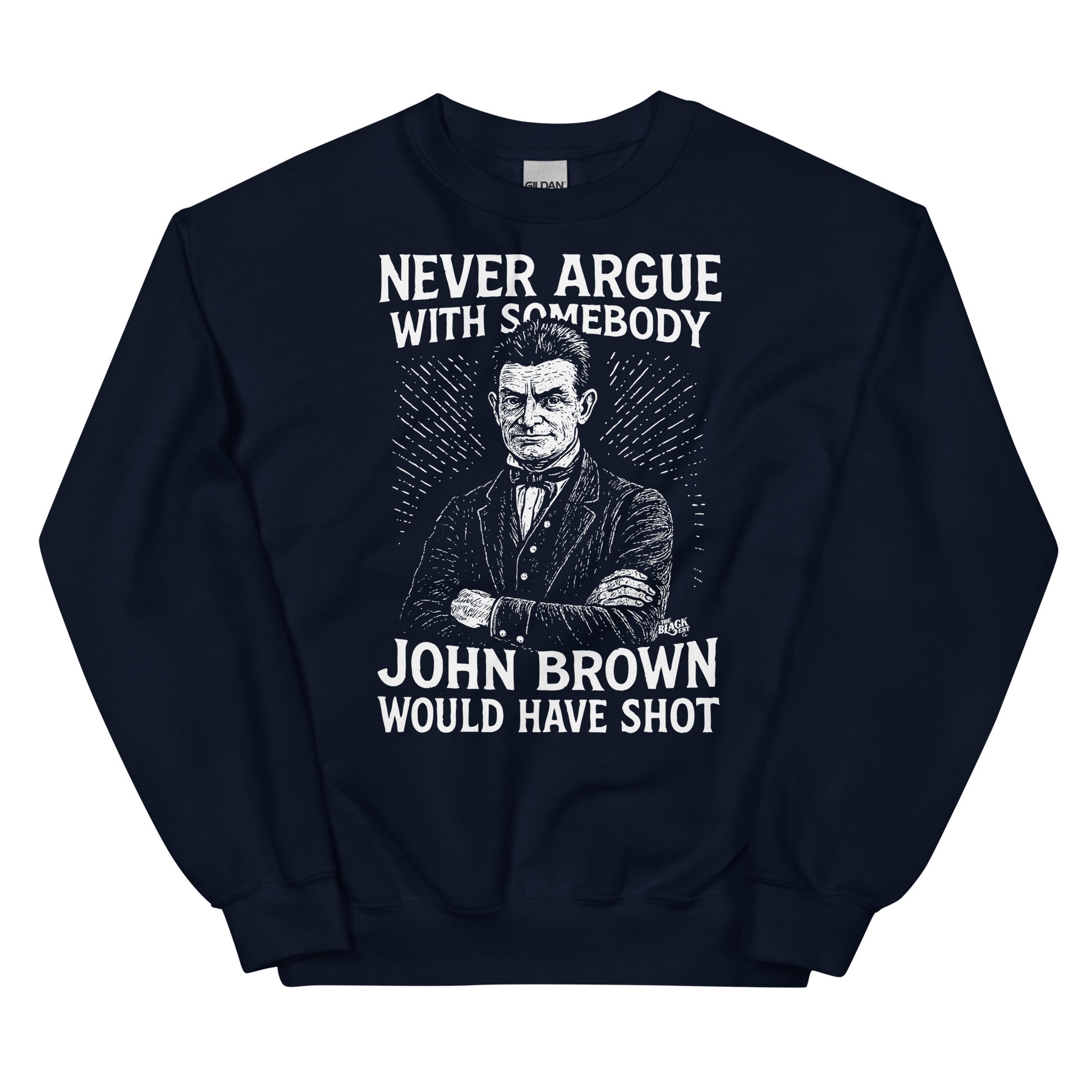 Navy blue unisex sweatshirt with white abolitionist quote and John Brown illustration, combining comfort with powerful historical messaging.