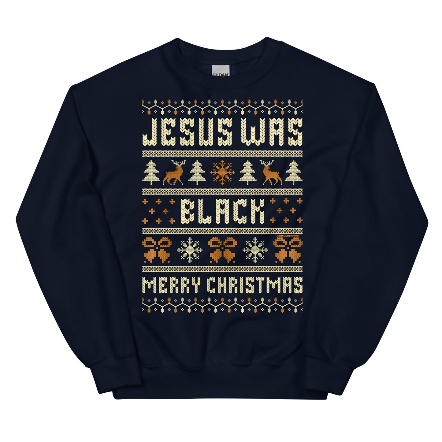 Navy blue Jesus Was Black Merry Christmas Unisex Sweatshirt by TheBlackest Co., stylish and warm festive apparel for winter.