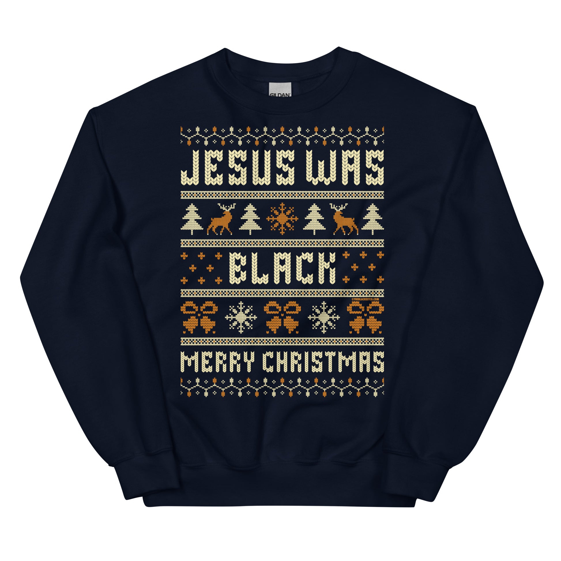 Navy blue Jesus Was Black Merry Christmas Unisex Sweatshirt by TheBlackest Co., stylish and warm festive apparel for winter.