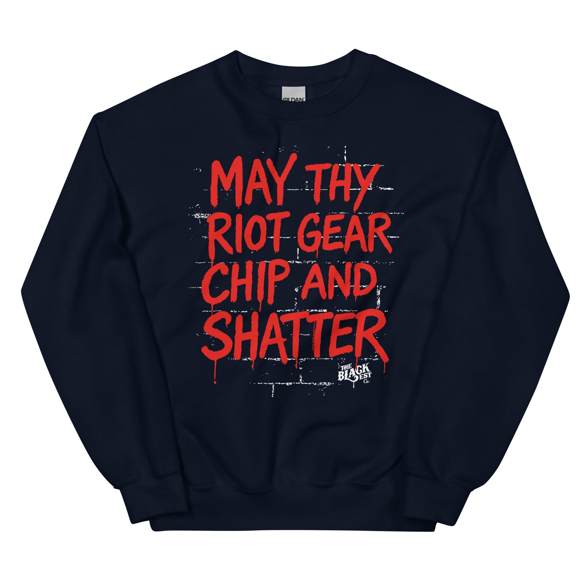 Navy blue May Thy Riot Gear Chip And Shatter Unisex Sweatshirt with red activist graphic, perfect for winter and statement fashion.