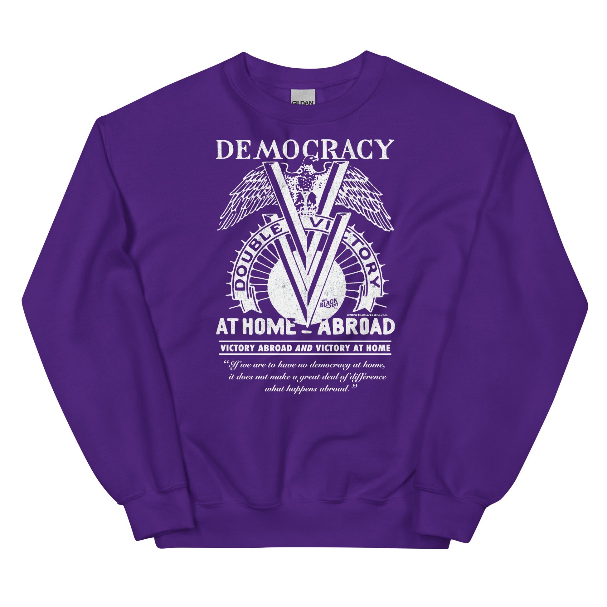 Purple Double V Campaign WWII Black Soldiers Sweatshirt featuring bold white design celebrating Black history and military service in WWII.