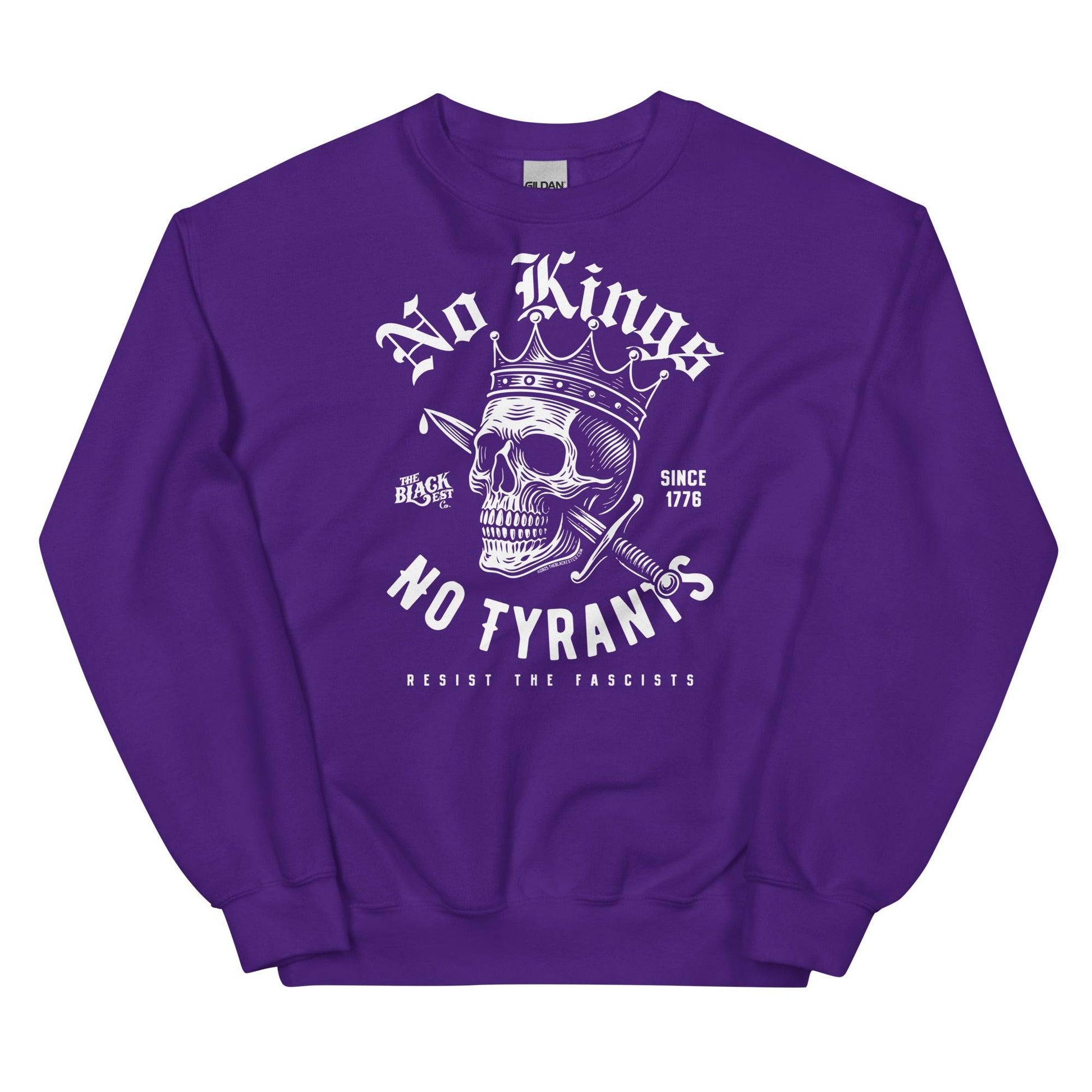 Purple No Kings No Tyrants Skull Protest Sweatshirt with striking white protest graphic, unisex streetwear by TheBlackest Co.