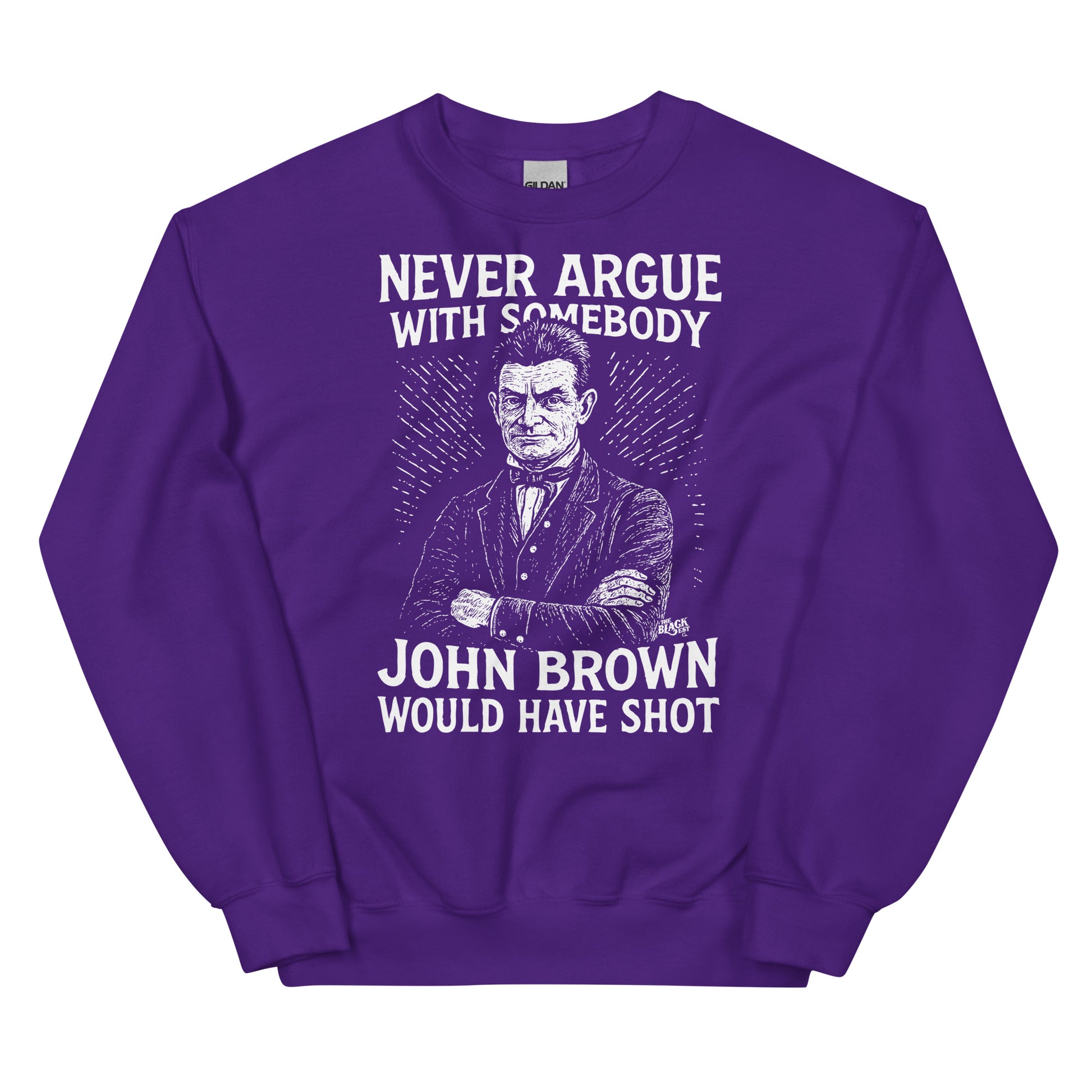 Purple unisex sweatshirt with white John Brown illustration and quote, designed for impactful statement wear and historical awareness.