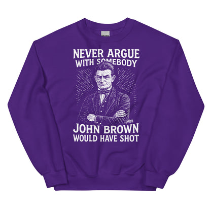 Purple unisex sweatshirt with white John Brown illustration and quote, designed for impactful statement wear and historical awareness.