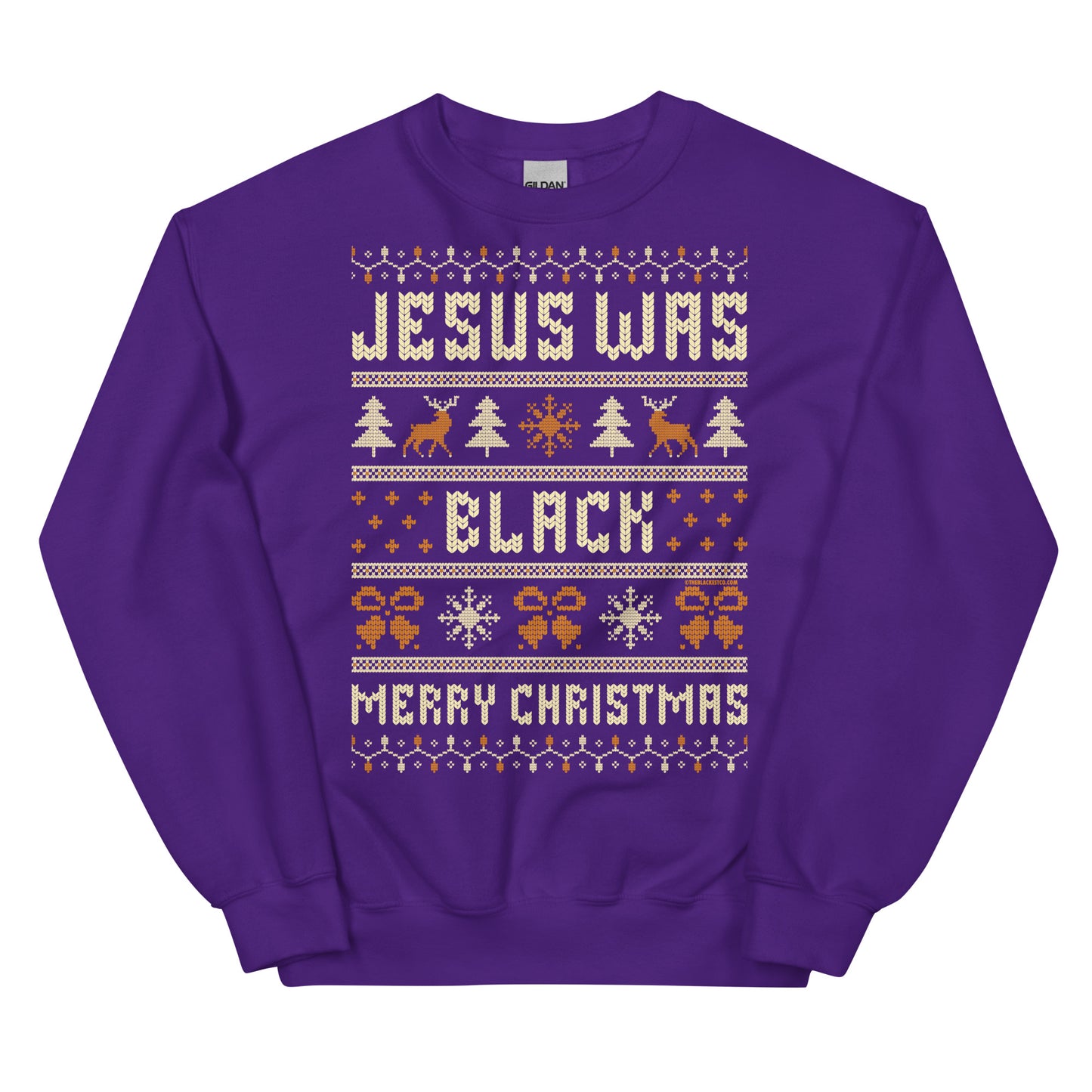 Purple Jesus Was Black Merry Christmas Unisex Sweatshirt by TheBlackest Co., colorful and cozy Christmas pullover for all genders.