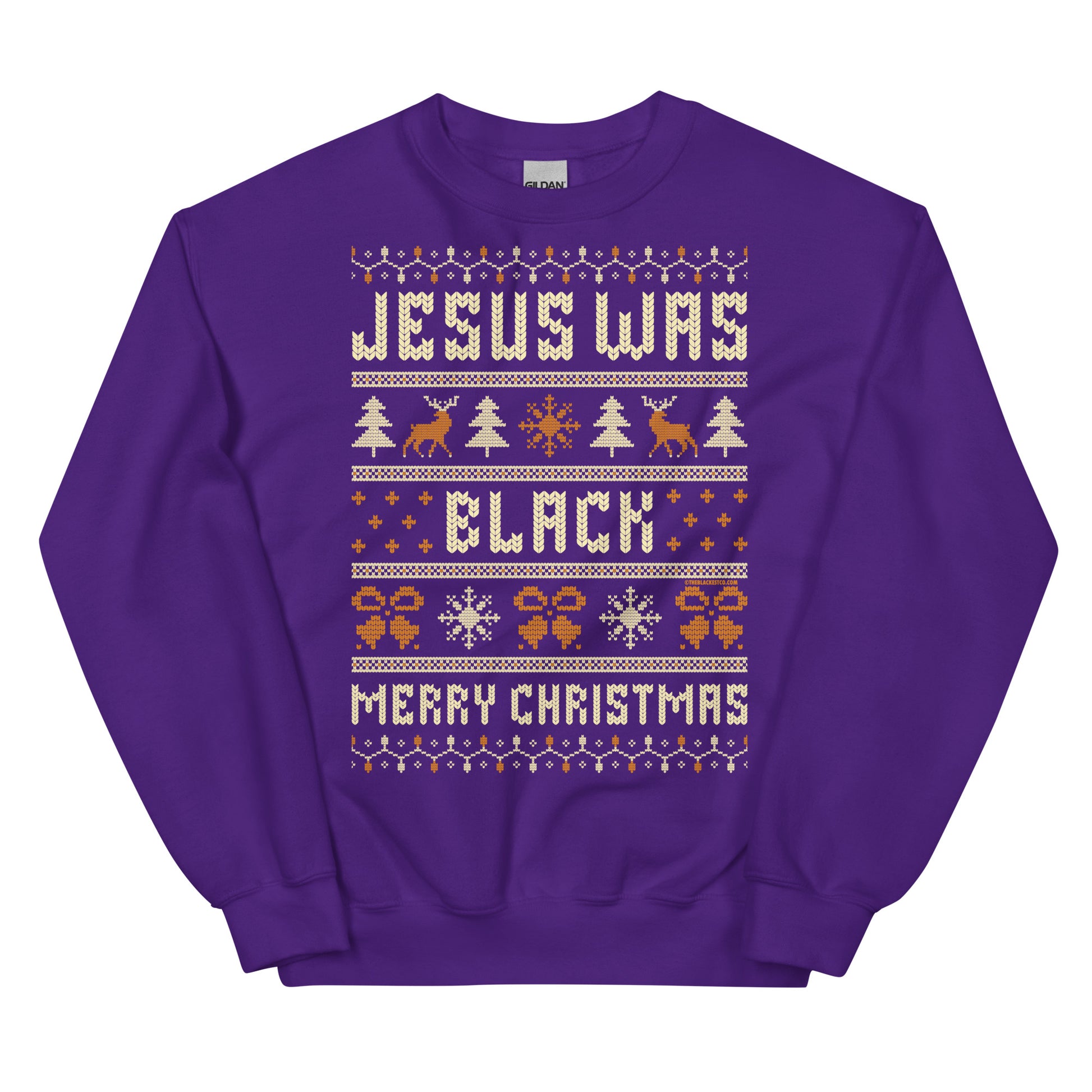 Purple Jesus Was Black Merry Christmas Unisex Sweatshirt by TheBlackest Co., colorful and cozy Christmas pullover for all genders.