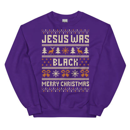 Purple Jesus Was Black Merry Christmas Unisex Sweatshirt by TheBlackest Co., colorful and cozy Christmas pullover for all genders.
