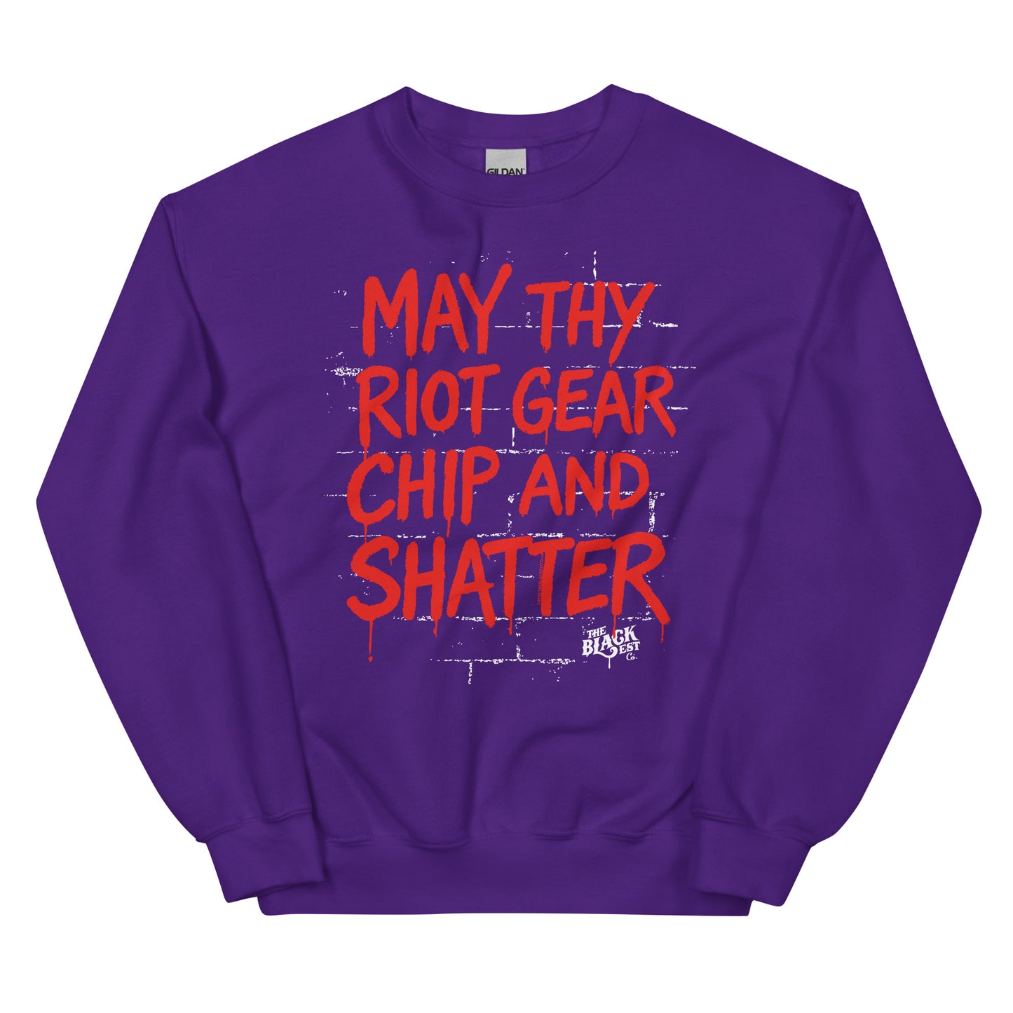 Purple May Thy Riot Gear Chip And Shatter Unisex Sweatshirt with red graphic text, combining bold style with activist spirit.