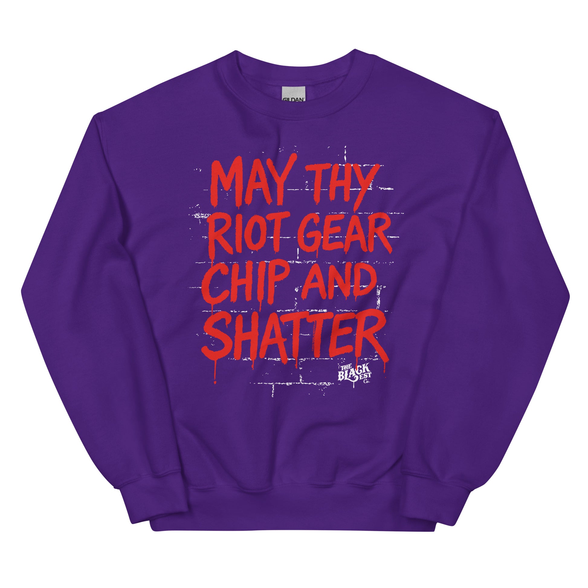 Purple May Thy Riot Gear Chip And Shatter Unisex Sweatshirt with red graphic text, combining bold style with activist spirit.