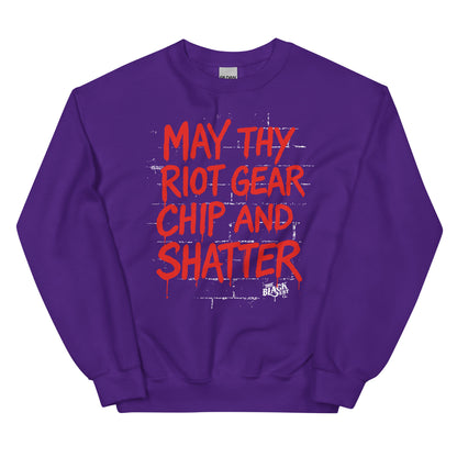 Purple May Thy Riot Gear Chip And Shatter Unisex Sweatshirt with red graphic text, combining bold style with activist spirit.