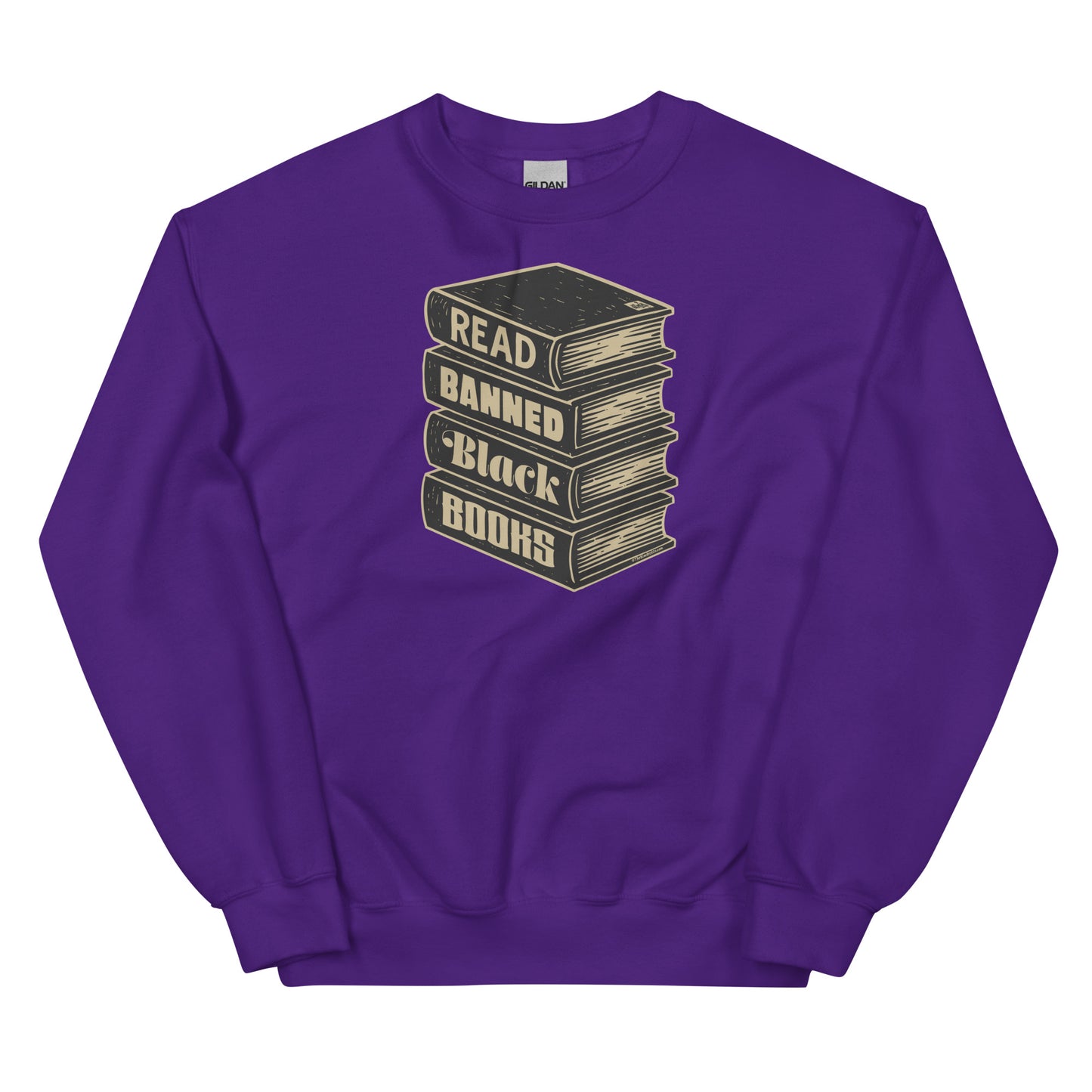 Purple Read Banned Black Books unisex crewneck sweatshirt with graphic stack of books, perfect for winter and literacy activism.