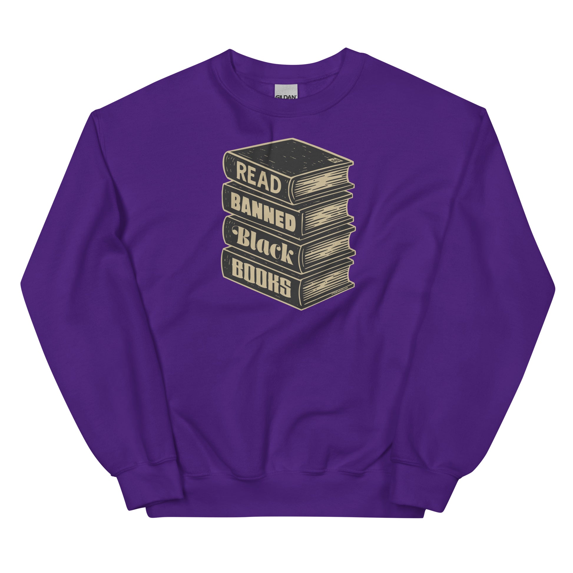 Purple Read Banned Black Books unisex crewneck sweatshirt with graphic stack of books, perfect for winter and literacy activism.