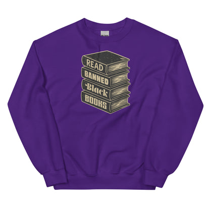 Purple Read Banned Black Books unisex crewneck sweatshirt with graphic stack of books, perfect for winter and literacy activism.