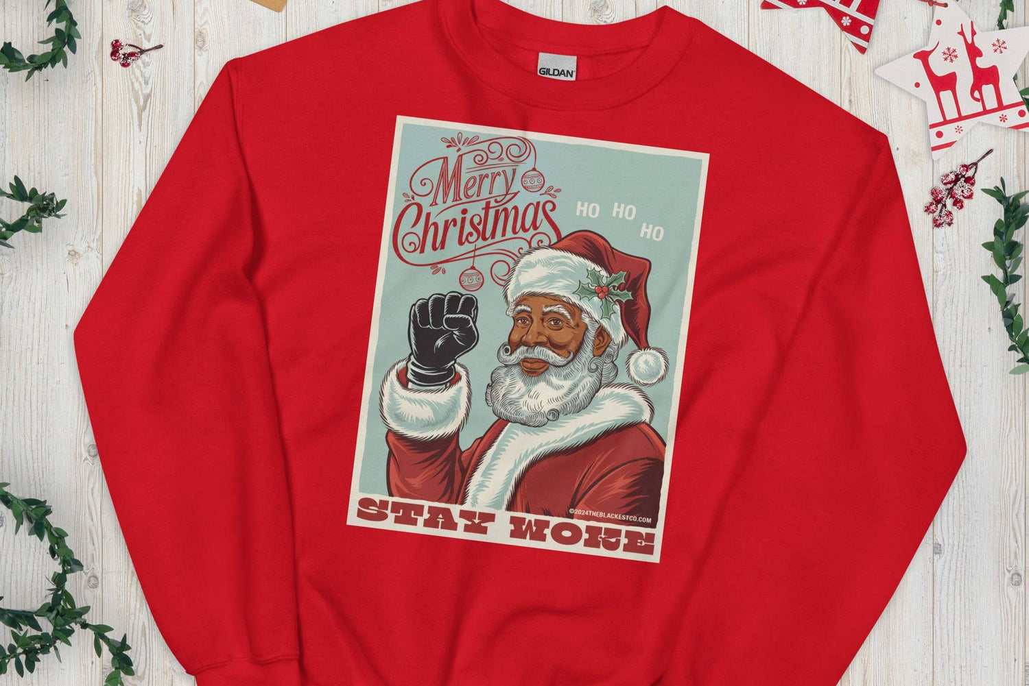 Red Black Santa Stay Woke unisex sweatshirt on festive background