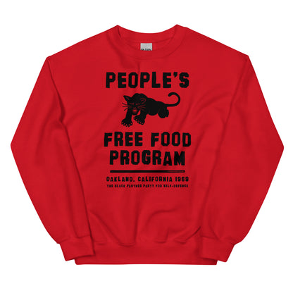 People's Free Food Program Unisex Sweatshirt in bold red with Black Panther Party-inspired design. Cozy, stylish, and crafted by a Black-owned business.