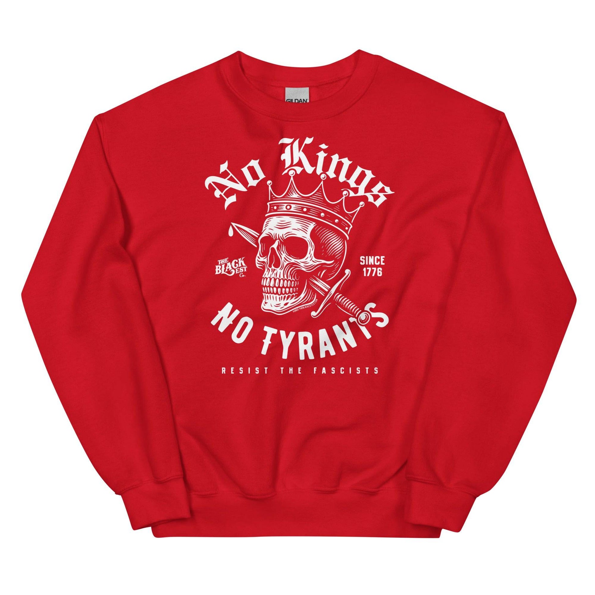 Red No Kings No Tyrants Skull Protest Sweatshirt with bold white resistance graphic, cultural protest apparel by TheBlackest Co.