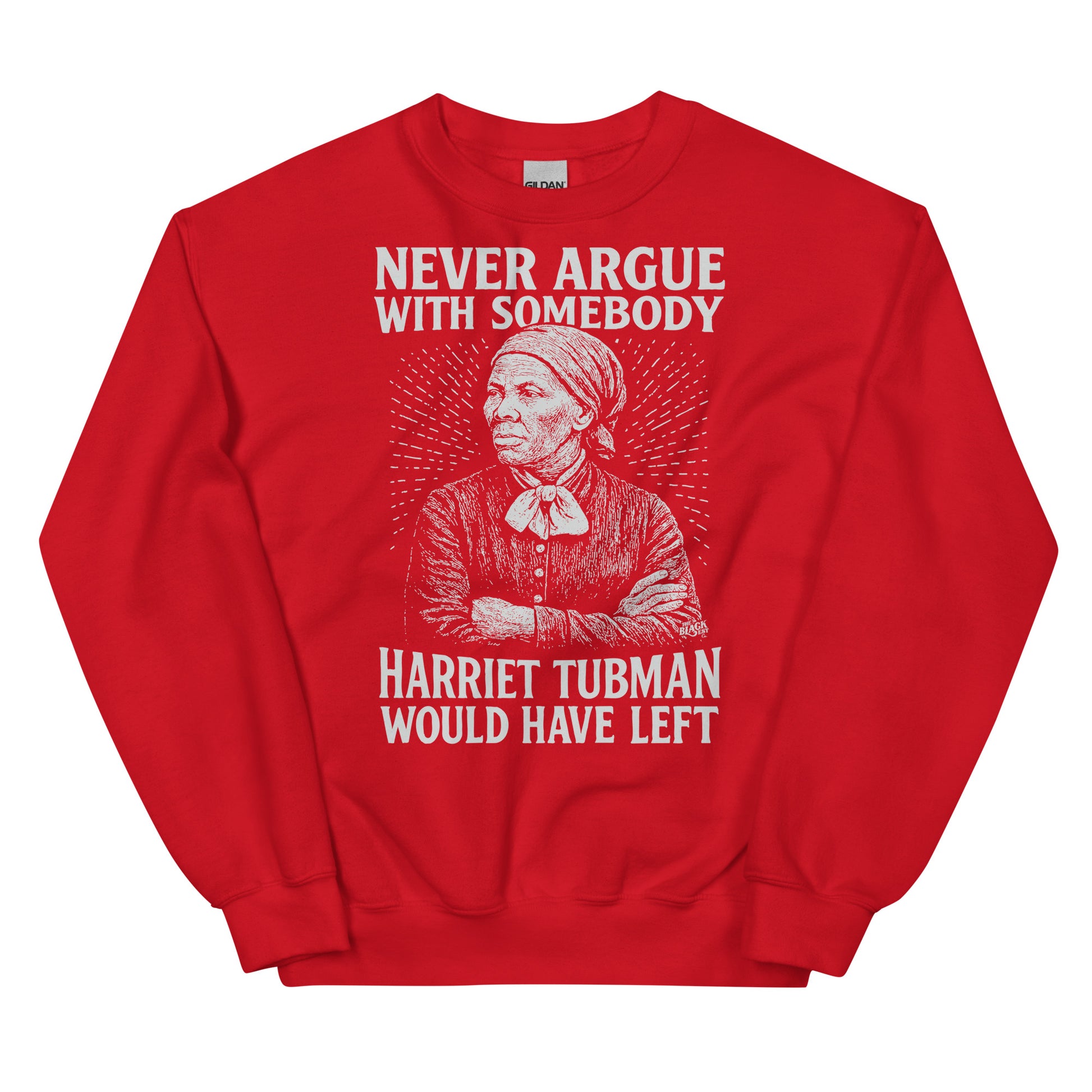 Red unisex crewneck sweatshirt with white Harriet Tubman design and empowering text, perfect for bold statement and Black history wear.