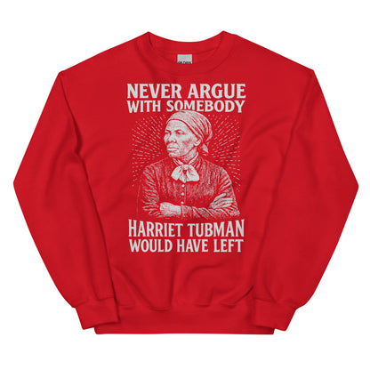 Red unisex crewneck sweatshirt with white Harriet Tubman design and empowering text, perfect for bold statement and Black history wear.