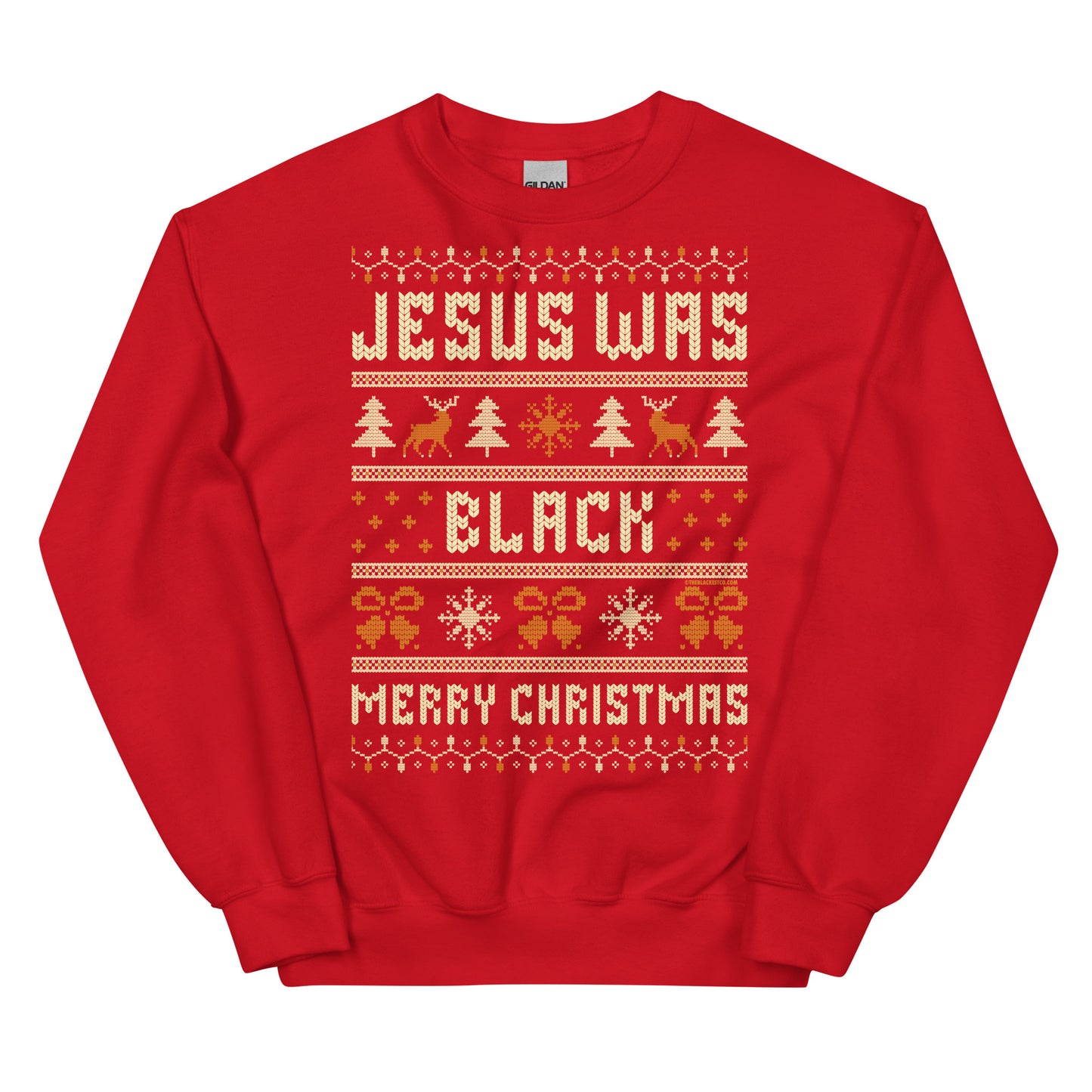 Red Jesus Was Black Merry Christmas Unisex Sweatshirt by TheBlackest Co., vibrant holiday pullover with bold cultural message.