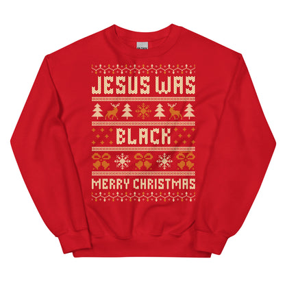Red Jesus Was Black Merry Christmas Unisex Sweatshirt by TheBlackest Co., vibrant holiday pullover with bold cultural message.
